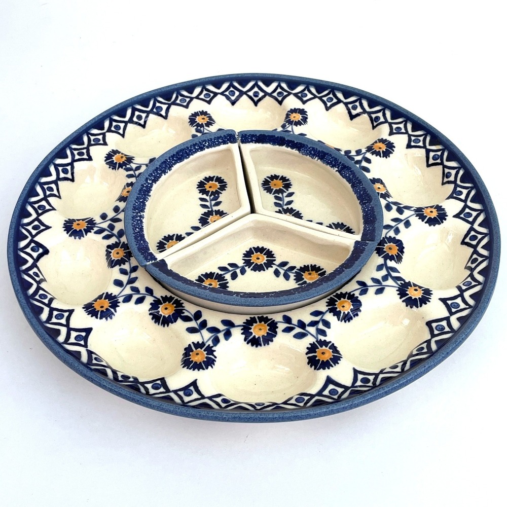 Vintage Wiza Polish Pottery Deviled Egg Platter 3-Part Dip trays Blue Floral